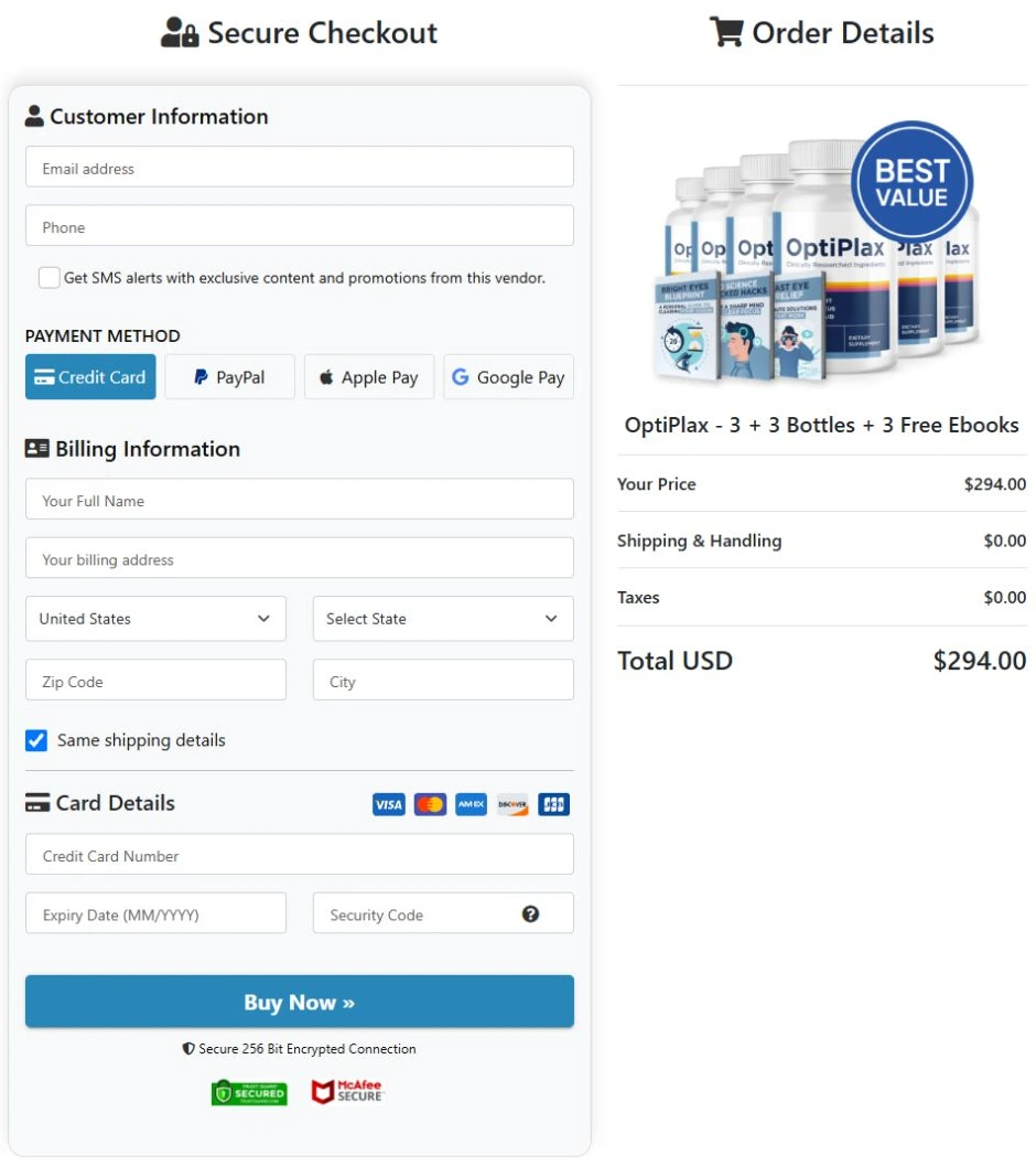 OptiPlax six-bottle checkout reference showing $294 product total