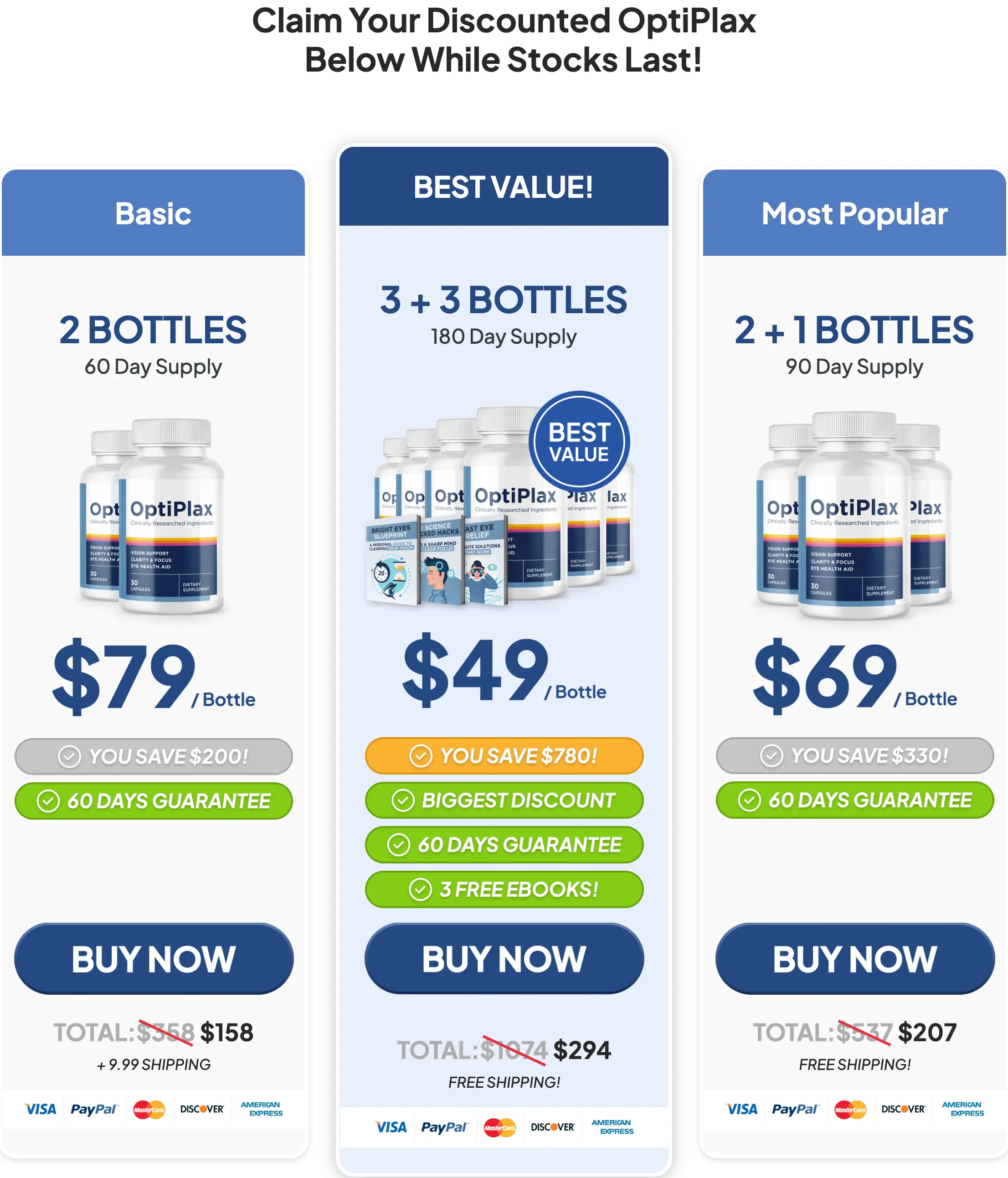 OptiPlax packages: 2 bottles at $158 plus $9.99 shipping; 6 at $294 and 3 at $207 with free US shipping