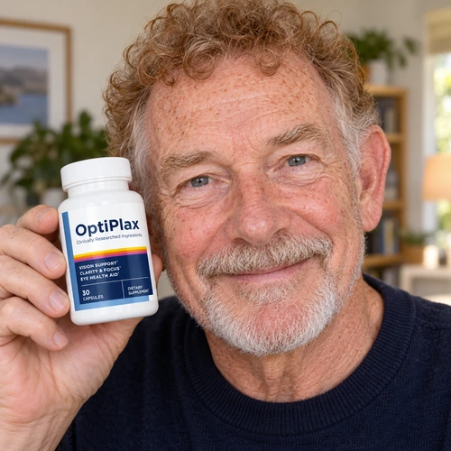 Person holding an OptiPlax bottle